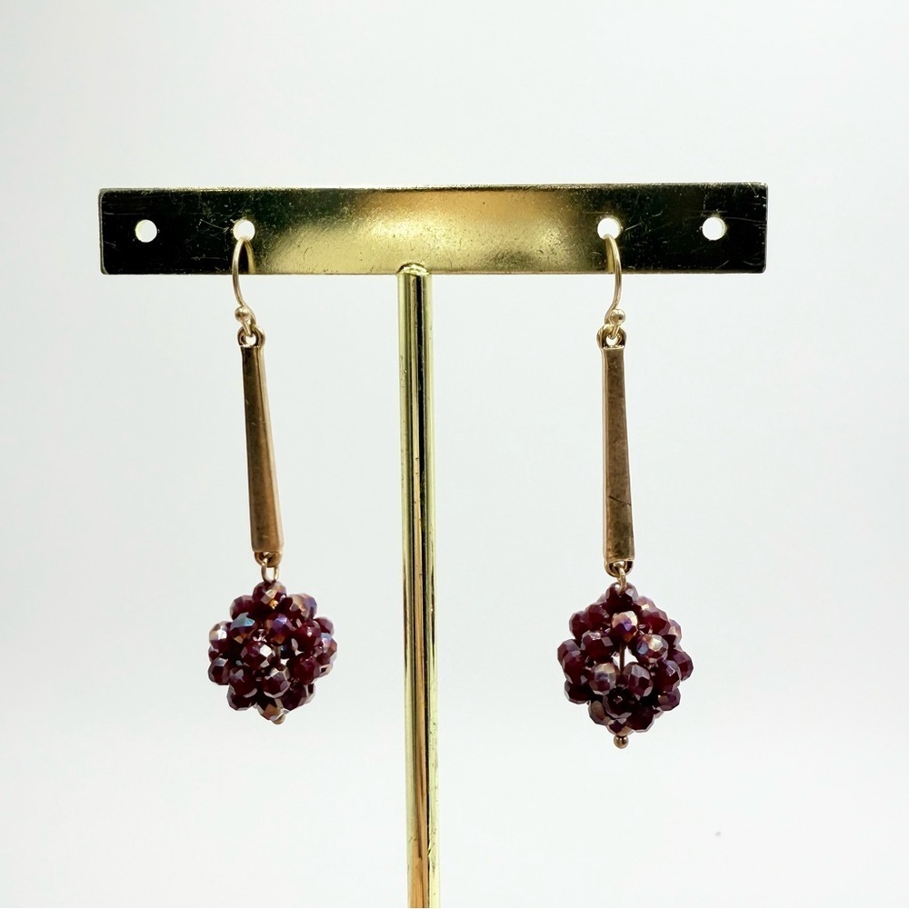 Gold Tone Red Beaded Ball Murano Glass Earrings - Picture 3 of 6